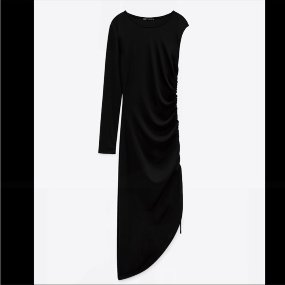 Zara NWT black ruched asymmetrical midi dress - Picture 5 of 8